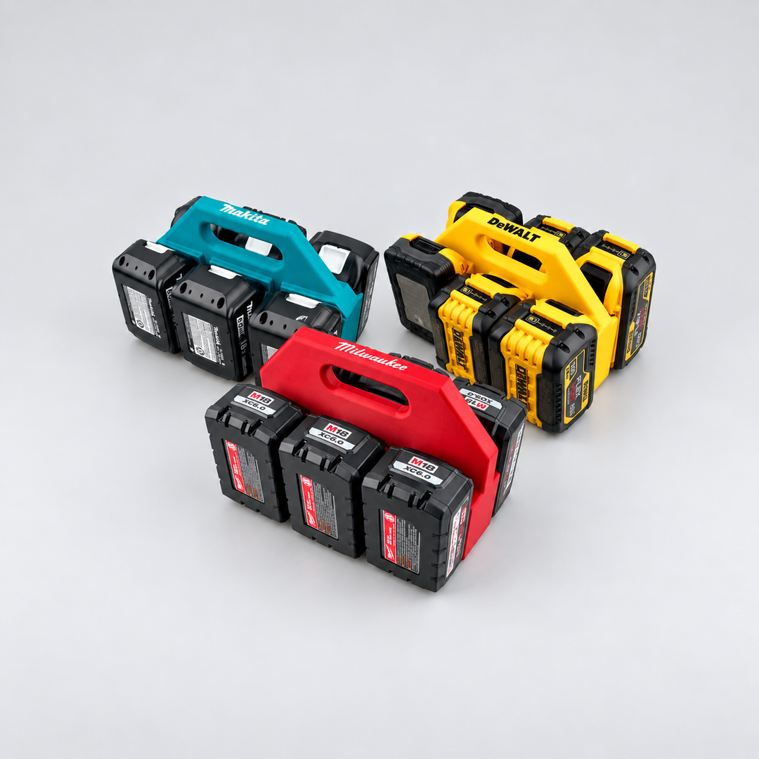 Portable battery caddies on a grey studio background