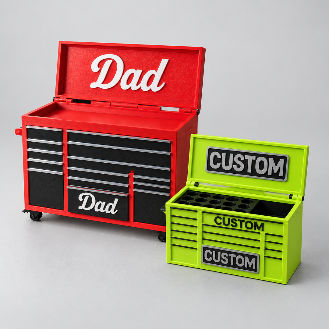 Red personalised mini tool chest and lime green miniature tool chest pen organiser.