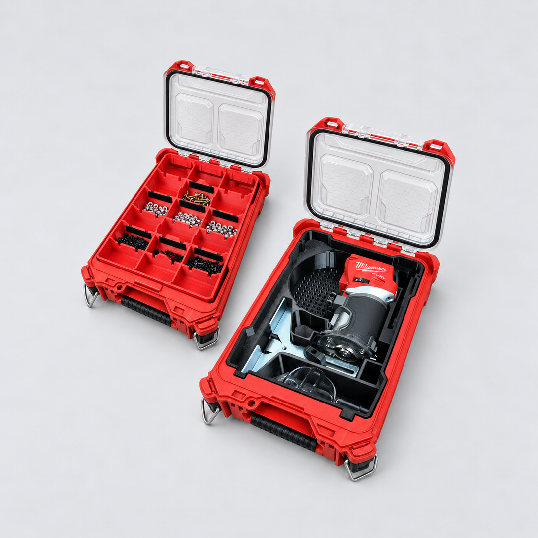 Red Packout tool storage insert with fitted compartments on a grey studio background