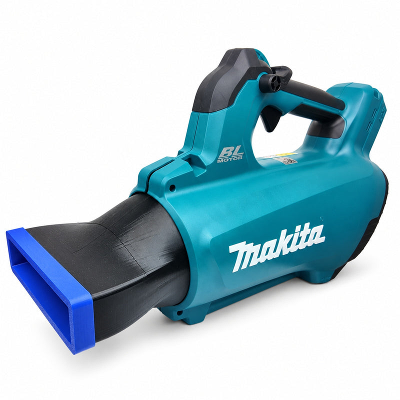 Wide black blower nozzle with blue bumper for Makita DUB184Z, shown fitted to demonstration blower, blower not included, view 0347