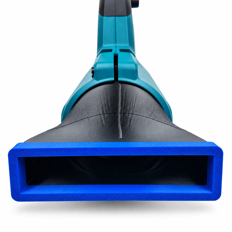Wide black blower nozzle with blue bumper for Makita DUB184Z, shown fitted to demonstration blower, blower not included, view 0348