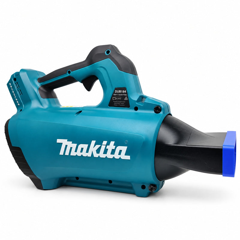 Wide black blower nozzle with blue bumper for Makita DUB184Z, shown fitted to demonstration blower, blower not included, view 0349