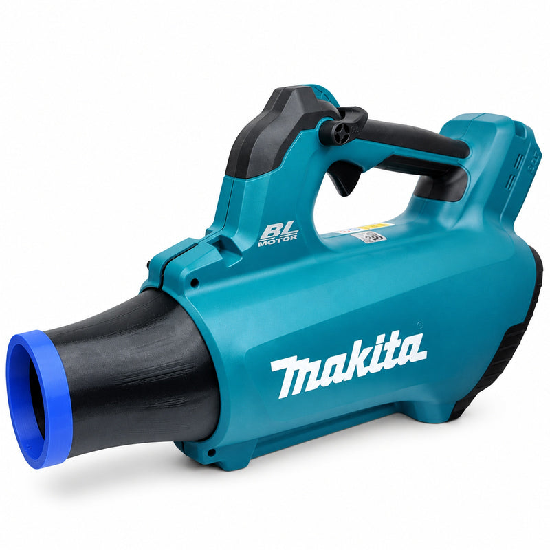 Circular black blower nozzle with blue bumper for Makita DUB184Z, shown fitted to demonstration blower, blower not included, view 0350