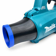 Circular black blower nozzle with blue bumper for Makita DUB184Z, shown fitted to demonstration blower, blower not included, view 0352