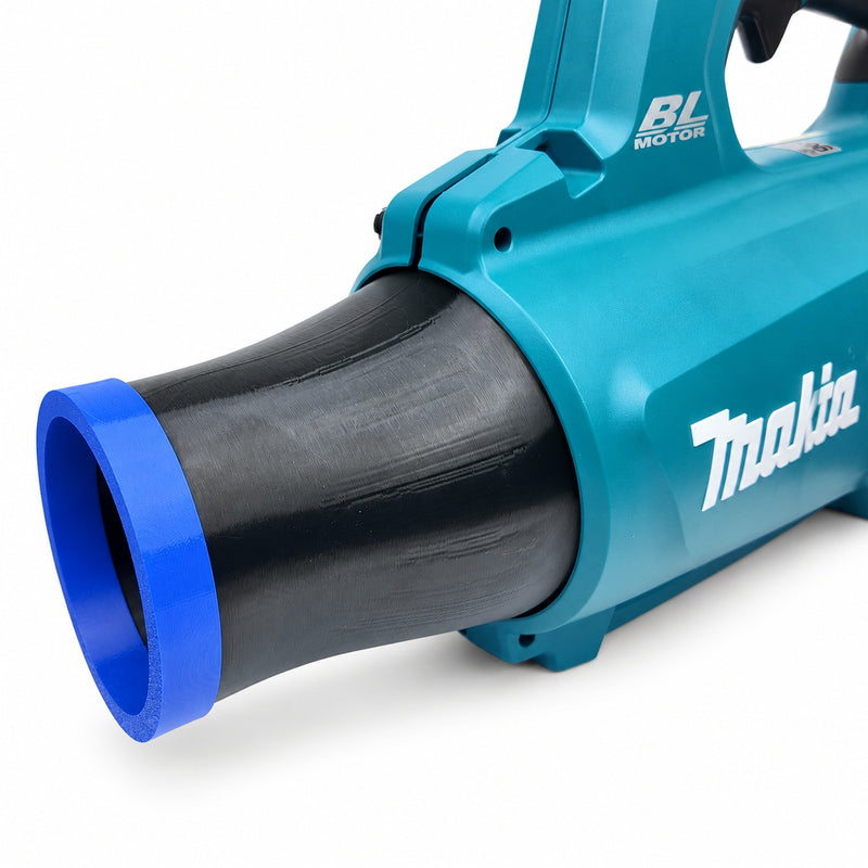 Circular black blower nozzle with blue bumper for Makita DUB184Z, shown fitted to demonstration blower, blower not included, view 0352