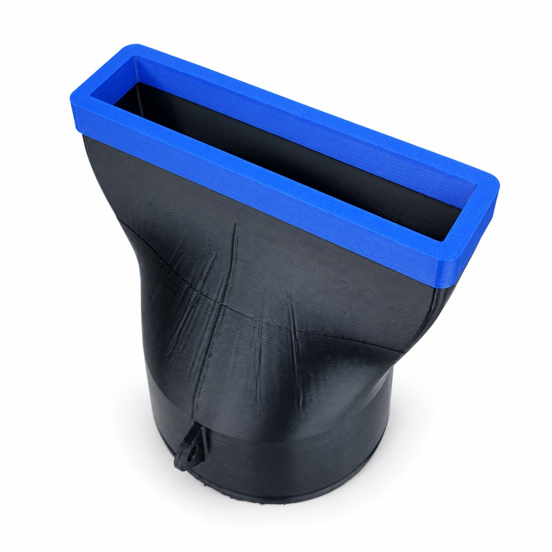 Wide black blower nozzle with blue bumper for Makita DUB184Z, standalone assembly, view 0354