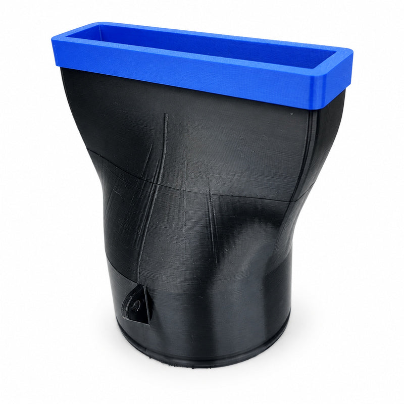 Wide black blower nozzle with blue bumper for Makita DUB184Z, standalone assembly, view 0355