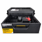 Milwaukee M12 laser insert and lift-out tray shown in a ToughBuilt StackTech drawer, fitted demonstration view; insert and tray only, view 0412