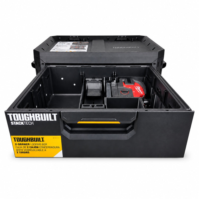 Milwaukee M12 laser insert and lift-out tray shown in a ToughBuilt StackTech drawer, fitted demonstration view; insert and tray only, view 0412