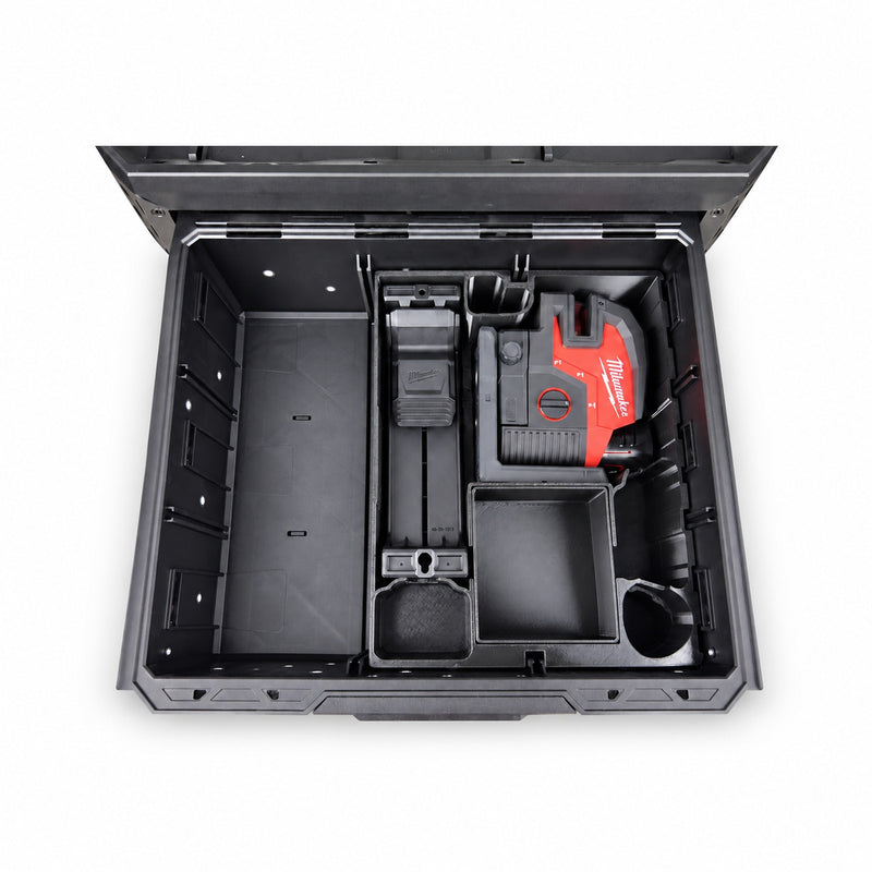 Milwaukee M12 laser insert and lift-out tray shown in a ToughBuilt StackTech drawer, fitted demonstration view; insert and tray only, view 0414