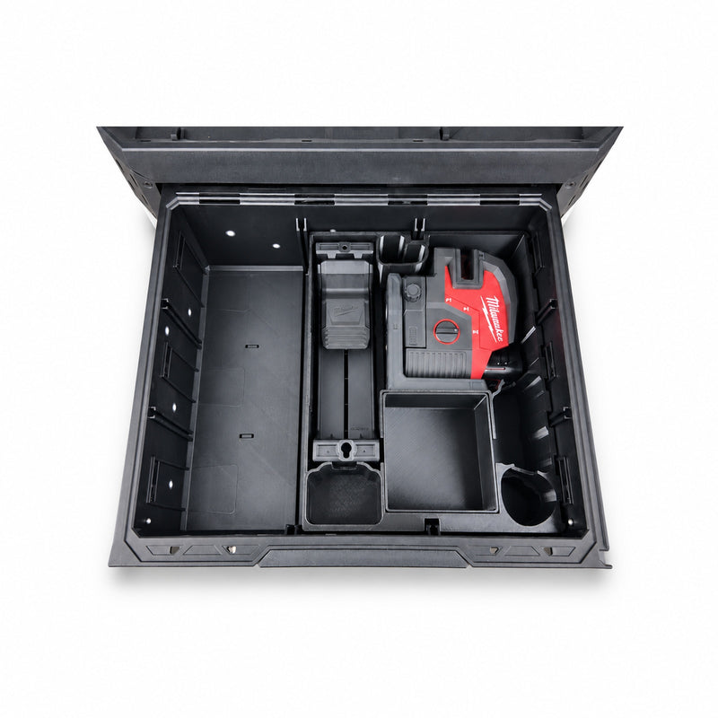Milwaukee M12 laser insert and lift-out tray shown in a ToughBuilt StackTech drawer, fitted demonstration view; insert and tray only, view 0415