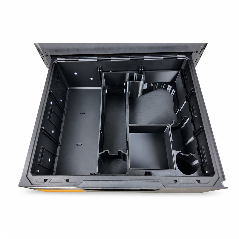 Milwaukee M12 laser insert and lift-out tray shown in a ToughBuilt StackTech drawer, empty compartment layout; insert and tray only, view 0416