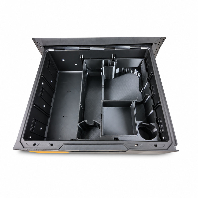 Milwaukee M12 laser insert and lift-out tray shown in a ToughBuilt StackTech drawer, empty compartment layout; insert and tray only, view 0417