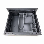 Gray Milwaukee M12C4PLA0C laser insert and lift-out tray in ToughBuilt StackTech TB-B1-D-72 drawer; drawer excluded
