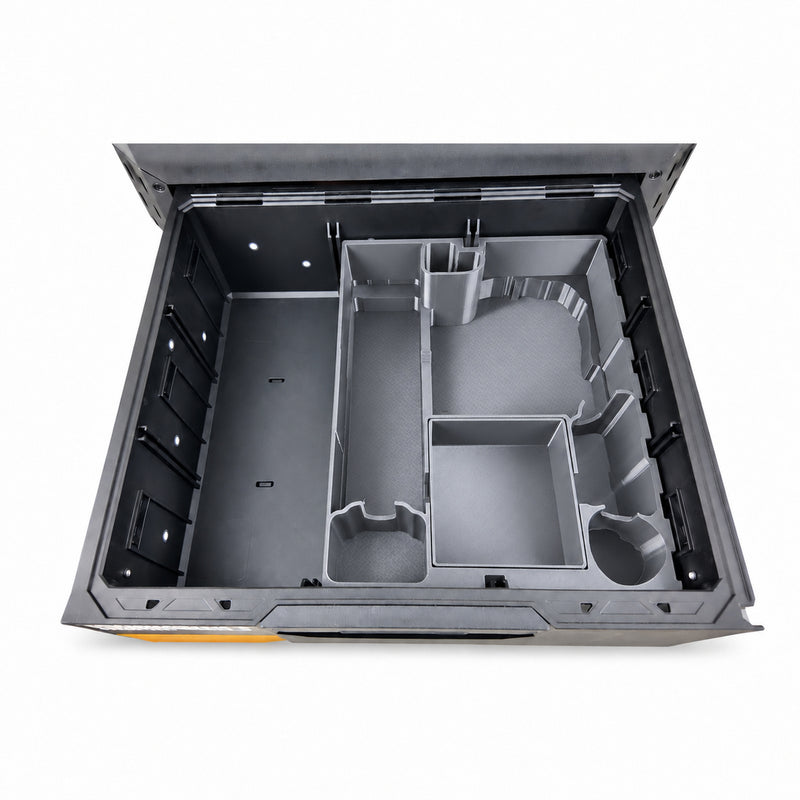 Gray Milwaukee M12C4PLA0C laser insert and lift-out tray in ToughBuilt StackTech TB-B1-D-72 drawer; drawer excluded