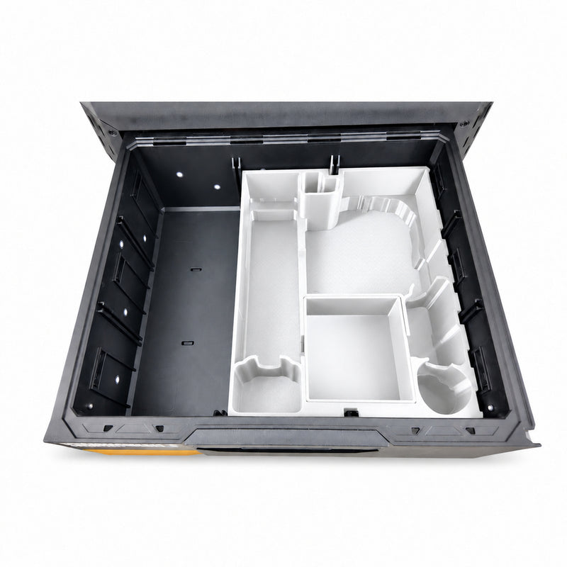 White Milwaukee M12C4PLA0C laser insert and lift-out tray in ToughBuilt StackTech TB-B1-D-72 drawer; drawer excluded