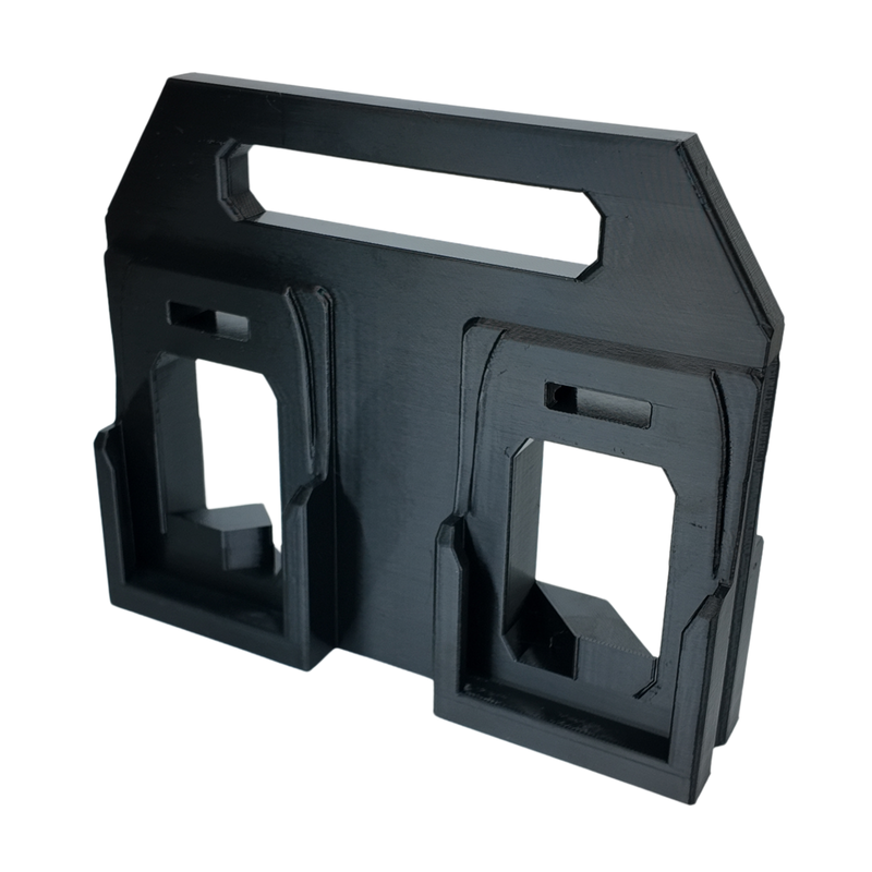 AEG 18V battery caddy shown with batteries clipped in