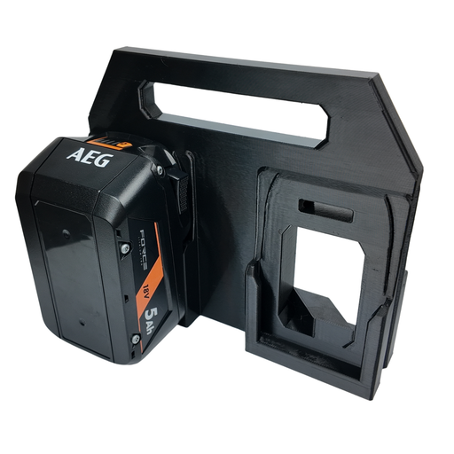Four-slot AEG 18V battery caddy shown from the front