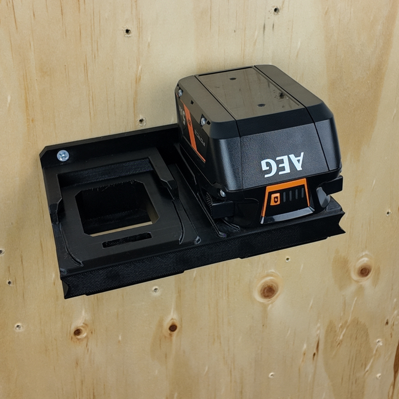 AEG 18V battery wall mount rack holding batteries by their own foot latch