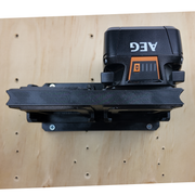 Angled view of the six-slot AEG 18V battery wall rack