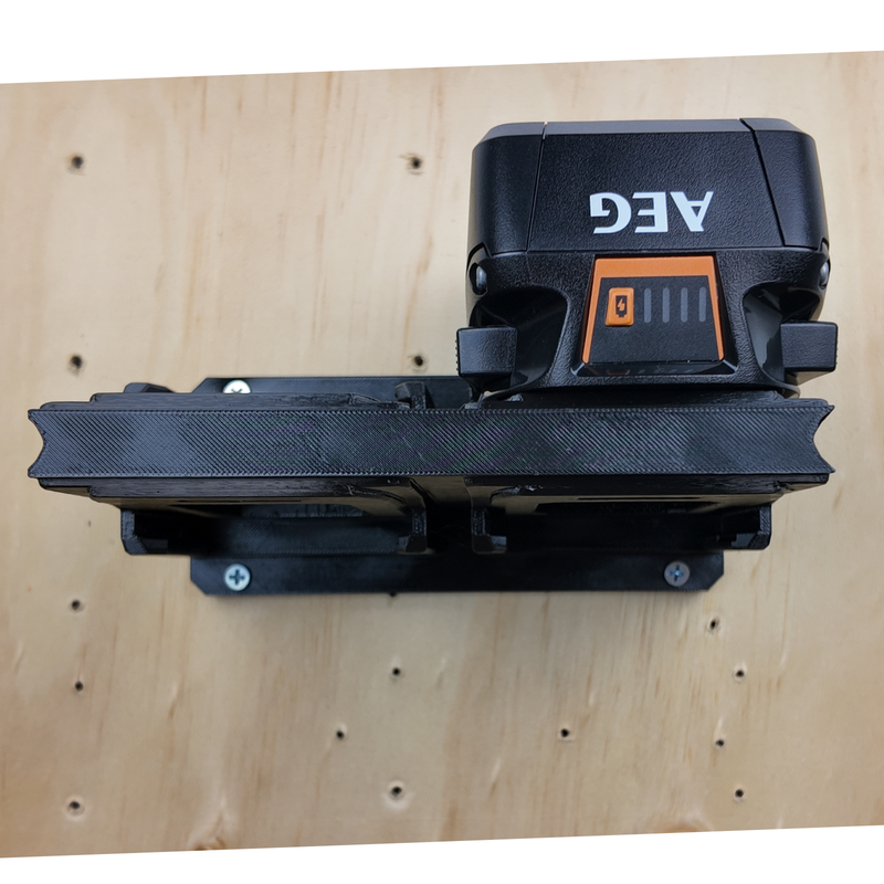 Angled view of the six-slot AEG 18V battery wall rack