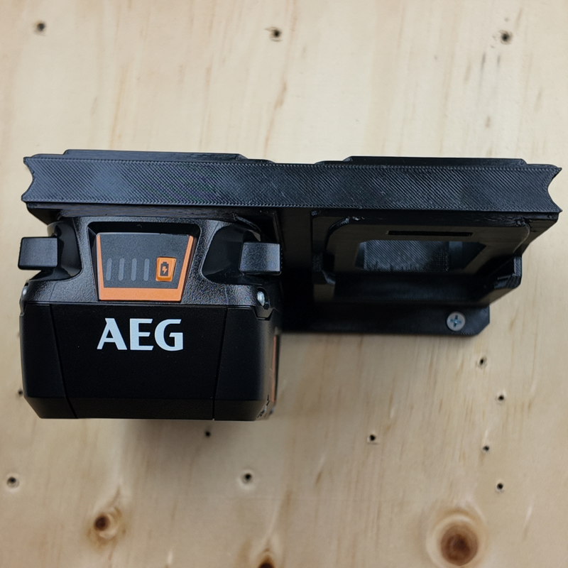 Six-slot AEG 18V battery wall mount rack shown fully loaded