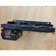 AEG 18V batteries stored in a row on the 3D printed wall rack
