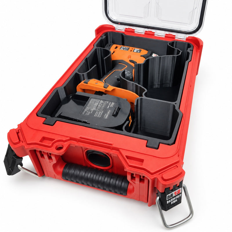 AEG A18IDB30 impact driver and battery insert for Milwaukee PACKOUT Compact Organiser, shown with example equipment; insert only, view 0335