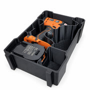 AEG A18IDB30 impact driver and battery insert for Milwaukee PACKOUT Compact Organiser, shown with example equipment; insert only, view 0341