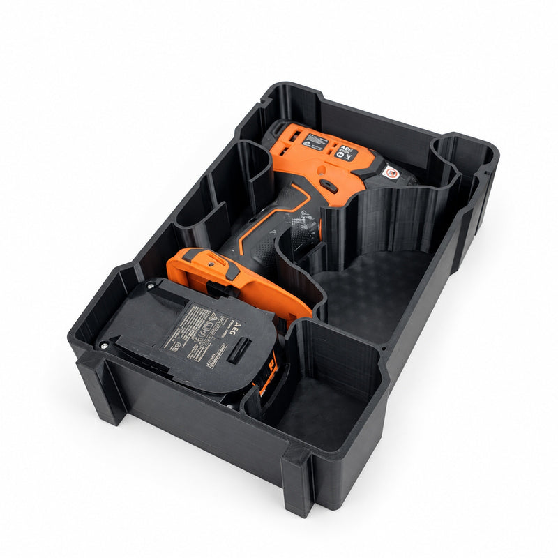 AEG A18IDB30 impact driver and battery insert for Milwaukee PACKOUT Compact Organiser, shown with example equipment; insert only, view 0342