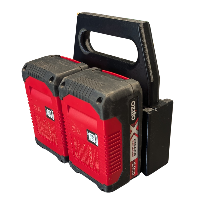 Black carry caddy for Ozito 18V PXC batteries, four-slot version with batteries viewed from the front.