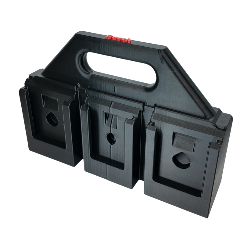 Side view of the 3D printed Bosch 18V battery carry caddy