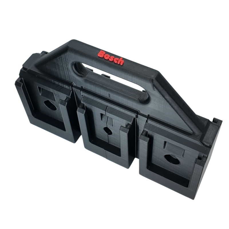 Bosch 18V batteries loaded into the four-slot carry caddy