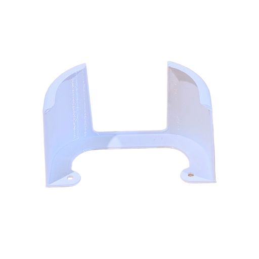 A white Eero 6 wall mount made of PETG material, placed on a wooden surface.