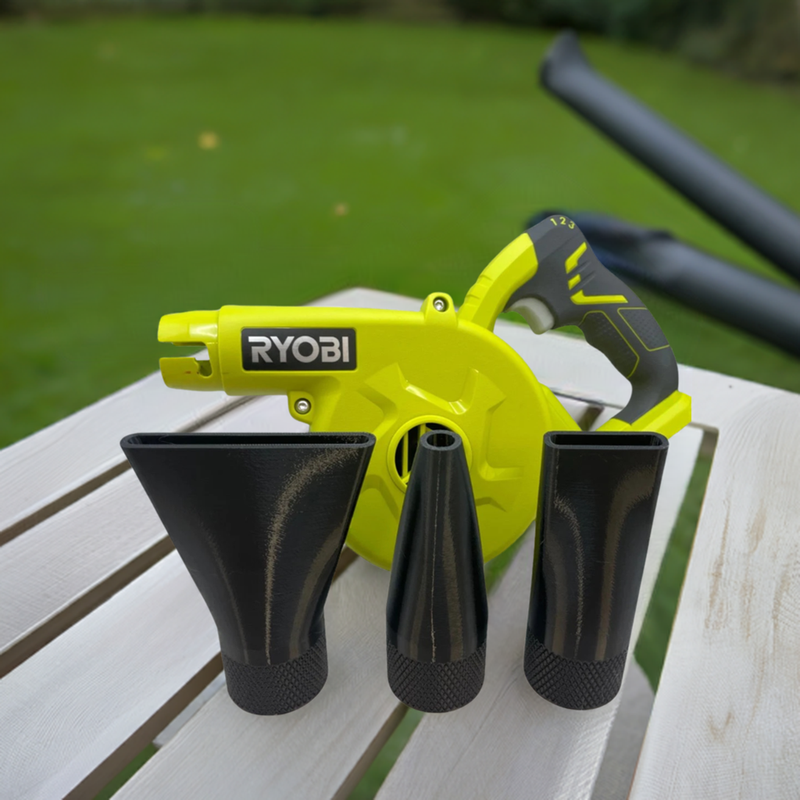 Ryobi Blower Nozzles Black – High-quality 3D-printed tool for garage storage, home improvement, and car drying. Perfect for cleaning up during summer, spring, and outdoor maintenance. This blower accessory is great for detailing cars, dust removal, and yard work. A unique gift for dad, gift for him, or DIY enthusiasts. Not a Milwaukee tool, but a custom Ryobi nozzle set that enhances blower performance.