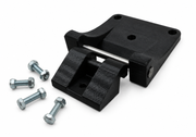 Black 3D-printed tray hinge kit with steel pin and four bolts, angled view