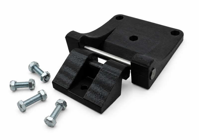 Black 3D-printed tray hinge kit with steel pin and four bolts, angled view