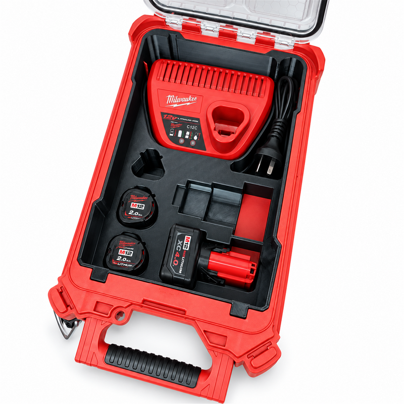 Full-height M12 insert with charger and batteries showing storage layout