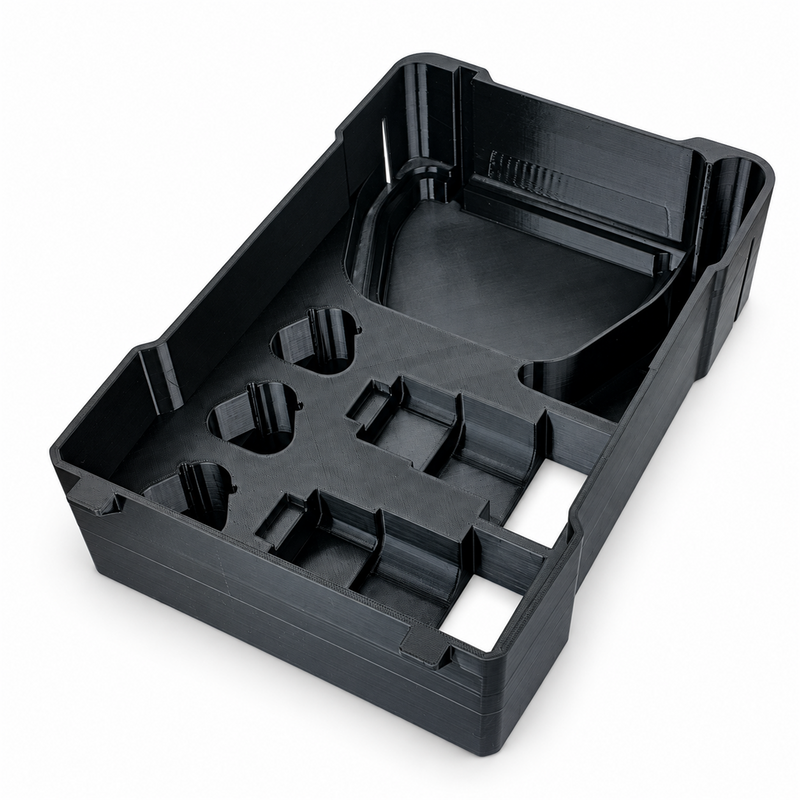 Full-height M12 charger and battery insert, angled view