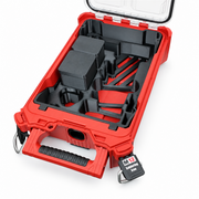Black M12 die grinder insert with two lidded accessory boxes inside Milwaukee Packout organiser