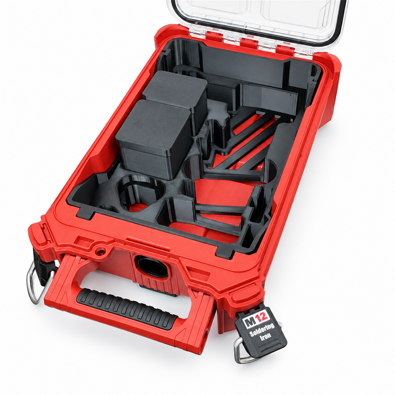 Black M12 die grinder insert with two lidded accessory boxes inside Milwaukee Packout organiser