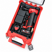 M12 FUEL right-angle die grinder with batteries and accessories shown fitted in black Packout insert