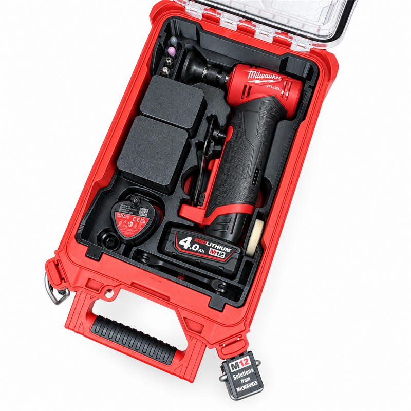 M12 FUEL right-angle die grinder with batteries and accessories shown fitted in black Packout insert