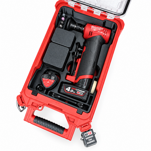 M12 FUEL right-angle die grinder with batteries and accessories shown fitted in black Packout insert