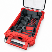Black M12 die grinder insert inside open Packout with accessory boxes removed, angled view