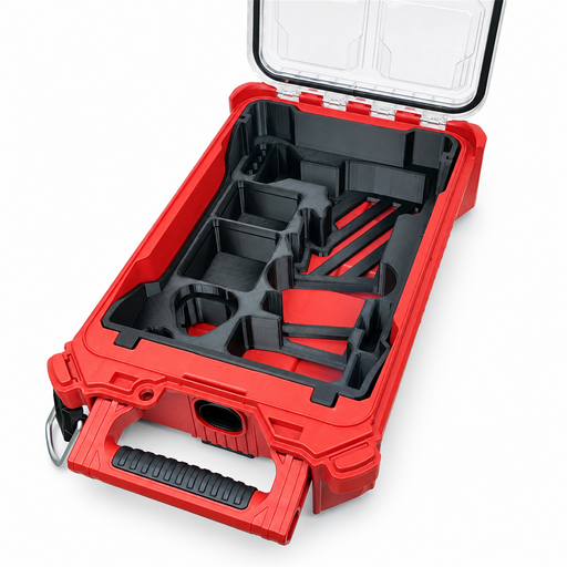 Black M12 die grinder insert inside open Packout with accessory boxes removed, angled view