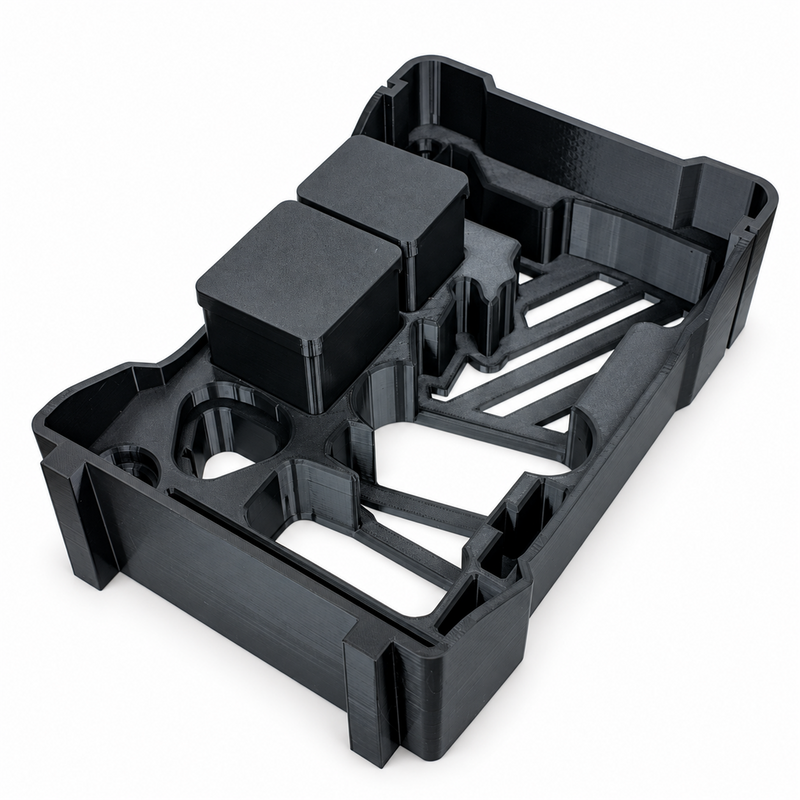 Black M12 die grinder Packout insert with two fitted lidded boxes, angled view