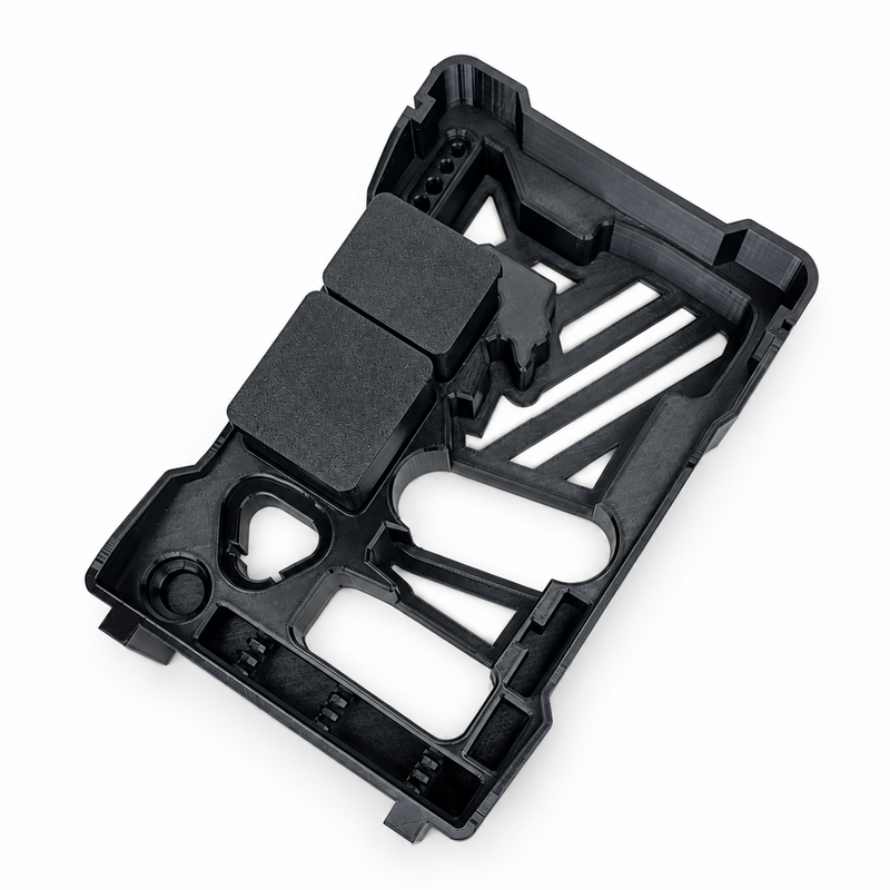Black M12 die grinder Packout insert with lidded boxes, overhead view
