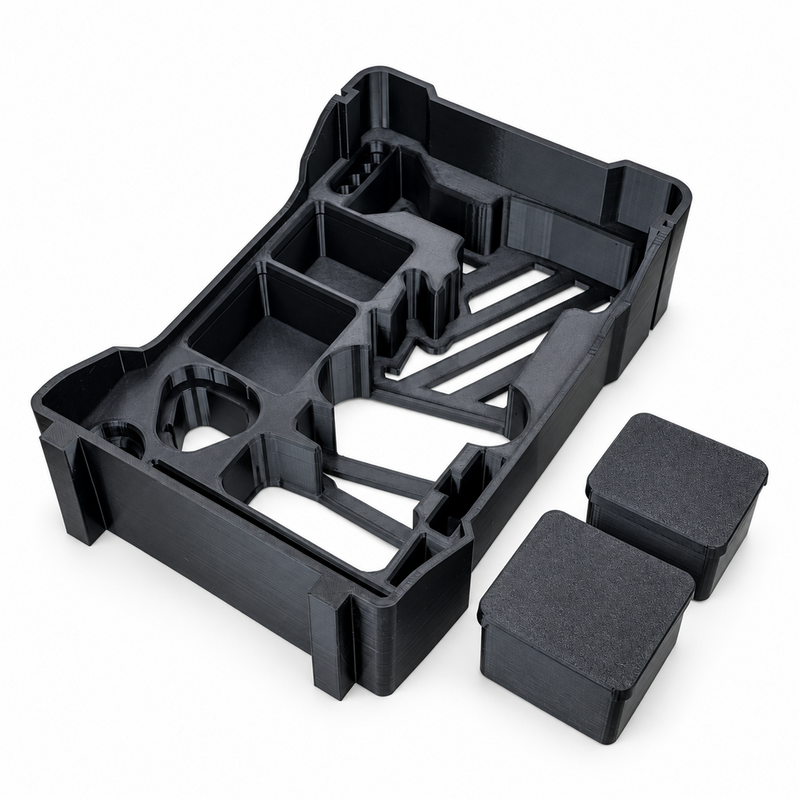 Black M12 die grinder Packout insert with two removable lidded accessory boxes alongside