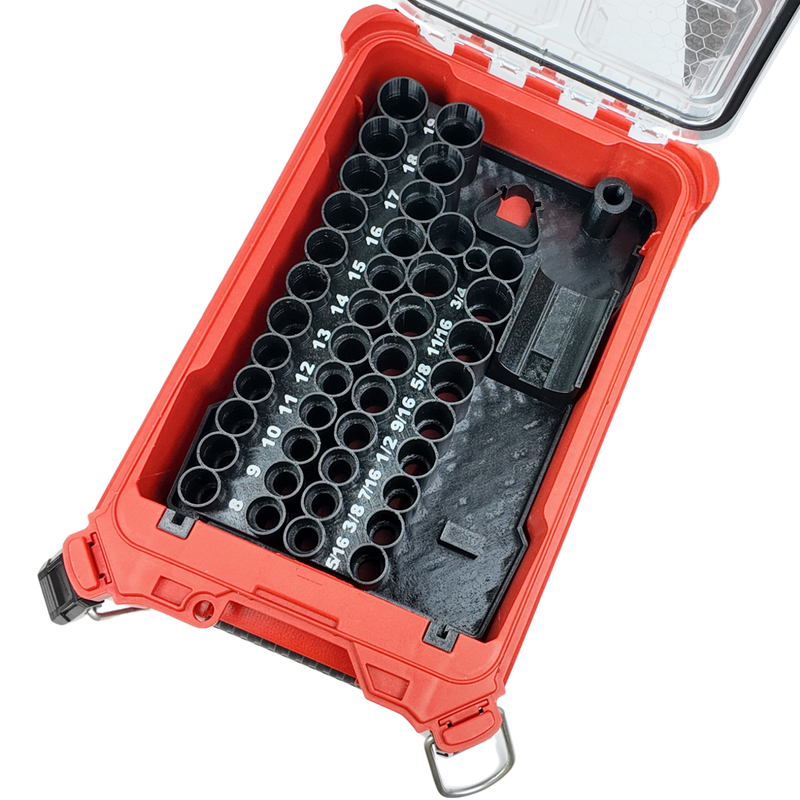 Empty M12 ratchet and socket set Packout insert showing the socket holes